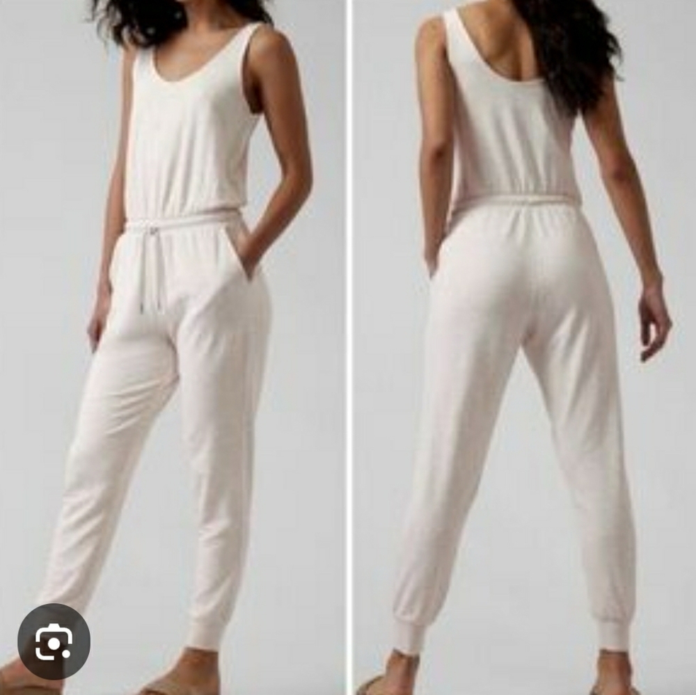 Athleta Cream Jumpsuit with Elastic Waist and Flowy Pants